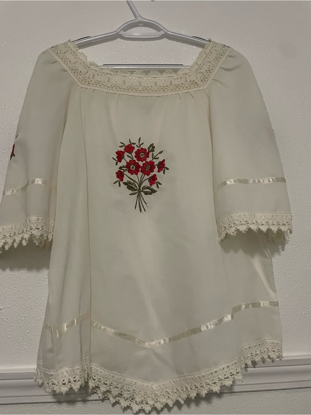 Ivory Lace-Trim Peasant Top with Red Floral Embroidery